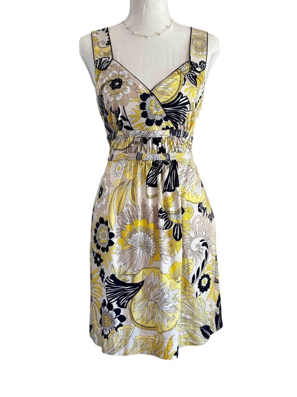 Ann Taylor Yellow Black & Cream Floral Sleeveless Mini Dress